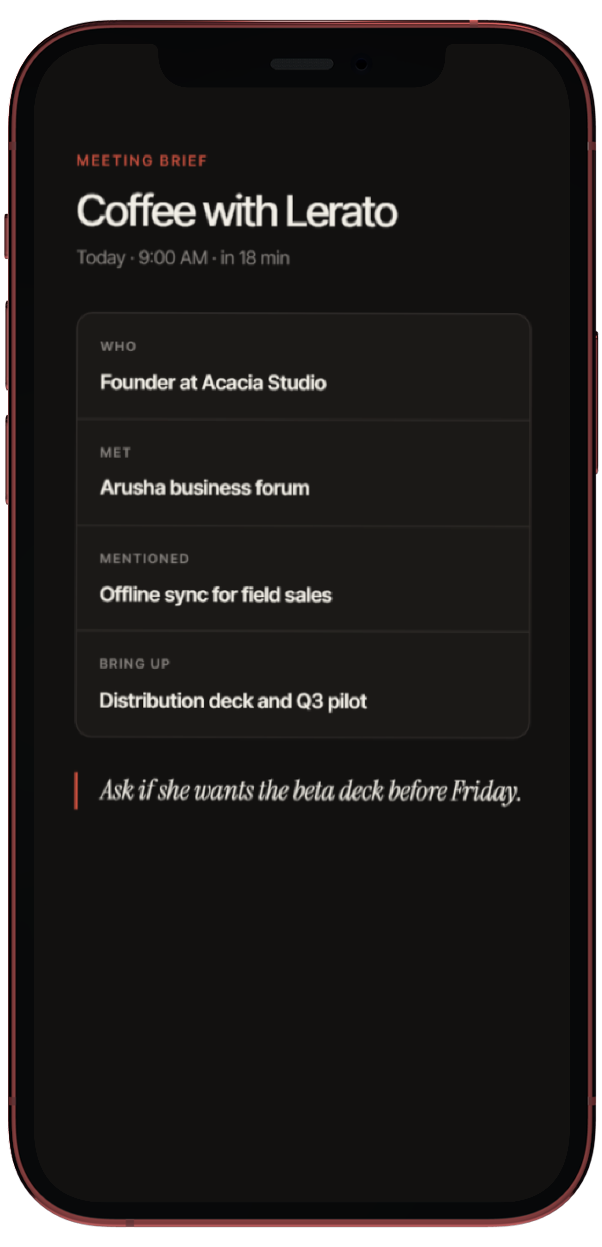 Meeting Brief screen
